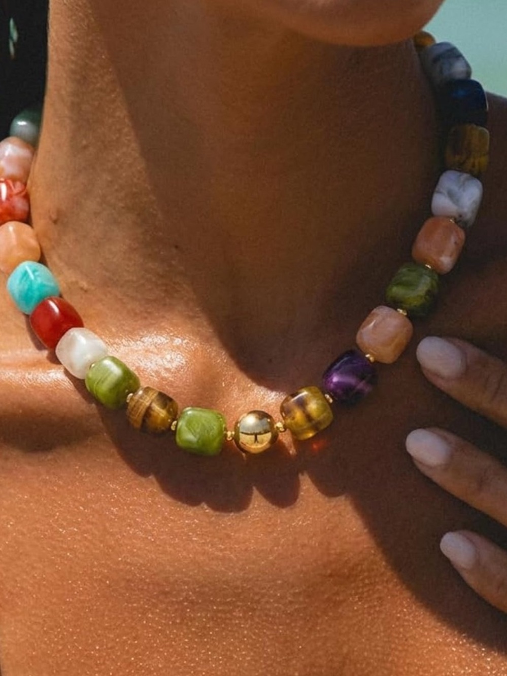 Anthropologie Colorblock Beaded Necklace with Gold Accent Bead